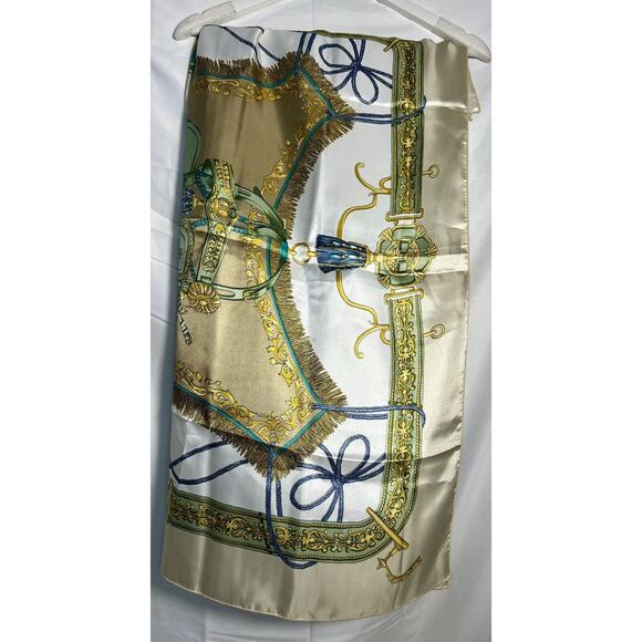 Vintage Scarf Hermes Style Gold And Cream Equestrian - Picture 3 of 6